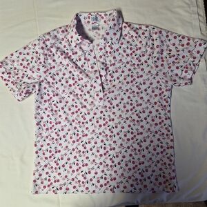 Vintage Leon Levin Cherry Print Polo Shirt - Women’s Large - Preppy Pink & Red